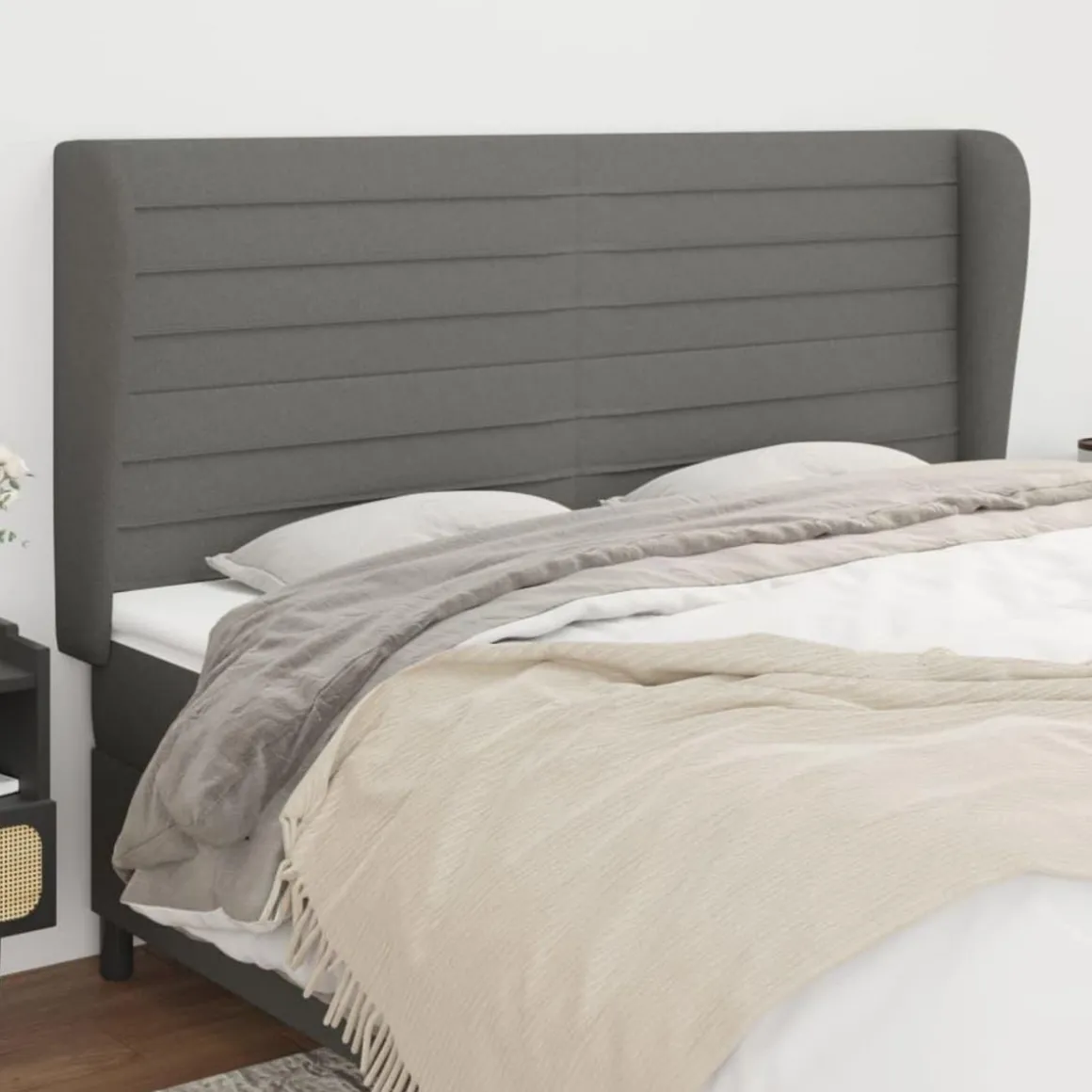 Tete de lit avec oreilles Gris fonce 203x23x118/128 cm Tissu