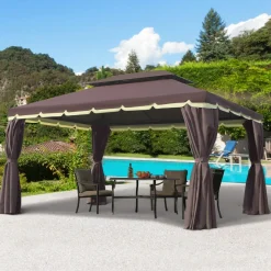 Tonnelle barnum pavillon de jardin style colonial double toit toile moustiquaires et toiles amovibles 3,9L x 2,9l x 2,8H m chocolat