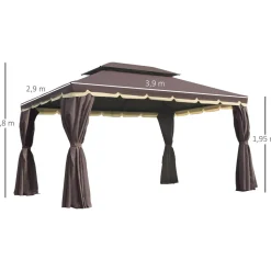 Tonnelle barnum pavillon de jardin style colonial double toit toile moustiquaires et toiles amovibles 3,9L x 2,9l x 2,8H m chocolat