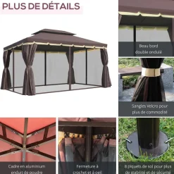 Tonnelle barnum pavillon de jardin style colonial double toit toile moustiquaires et toiles amovibles 3,9L x 2,9l x 2,8H m chocolat
