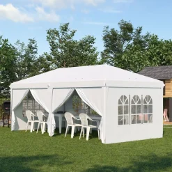 Tonnelle barnum pliant pop-up imperméabilisé 5,85L x 2,95l x 2,7H m 6 parois latérales amovibles 4 fenêtres + sac de transport blanc