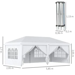 Tonnelle barnum pliant pop-up imperméabilisé 5,85L x 2,95l x 2,7H m 6 parois latérales amovibles 4 fenêtres + sac de transport blanc