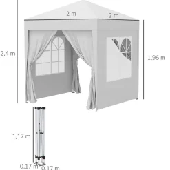 Tonnelle de jardin tente pliante barnum pop-up 2 x 2 m 4 parois latérales amovibles 2 fenêtres sac de transport pour camping, festival, plage, jardin, blanc