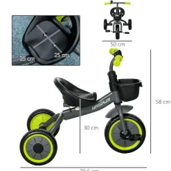 Tricycle enfant multi-équipé garde-boue sonnette panier pédales antidérapantes siège réglable avec dossier métal noir
