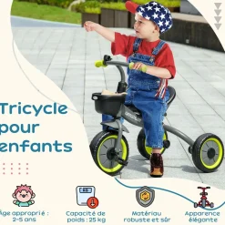 Tricycle enfant multi-équipé garde-boue sonnette panier pédales antidérapantes siège réglable avec dossier métal noir