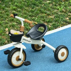 Tricycle enfant multi-équipé garde-boue sonnette panier pédales antidérapantes siège réglable avec dossier métal blanc