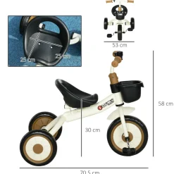 Tricycle enfant multi-équipé garde-boue sonnette panier pédales antidérapantes siège réglable avec dossier métal blanc