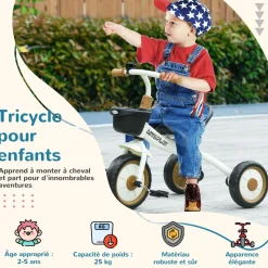 Tricycle enfant multi-équipé garde-boue sonnette panier pédales antidérapantes siège réglable avec dossier métal blanc