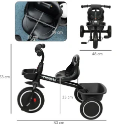 Tricycle pour enfant évolutif avec siège réglable - pédales - 2 paniers - ceinture - pour enfant de 2 à 5 ans - noir