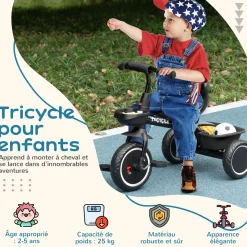 Tricycle pour enfant évolutif avec siège réglable - pédales - 2 paniers - ceinture - pour enfant de 2 à 5 ans - noir