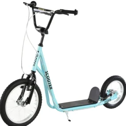 Trottinette patinette freestyle grandes roues pneumatiques Ø 40 et 30 cm hauteur guidon réglable frein AV/AR béquille acier bleu ciel noir