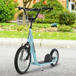 Trottinette patinette freestyle grandes roues pneumatiques Ø 40 et 30 cm hauteur guidon réglable frein AV/AR béquille acier bleu ciel noir