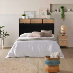 Tête de lit Zeus 145 cm avec rangements noirs, 2 portes 9 trous