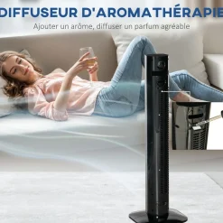 Ventilateur colonne tour oscillant 45 W silencieux télécommande timer aromathérapie 3 modes 3 vitesses noir