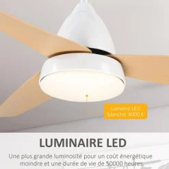 Ventilateur de plafond plafonnier 2 en 1 réversible - 3 pales, 6 vitesses, timer - télécommande, kit installation inclus - métal blanc ABS aspect bois clair