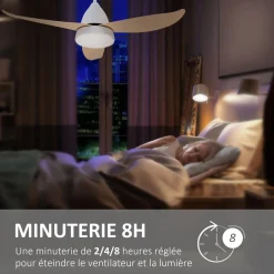 Ventilateur de plafond plafonnier 2 en 1 réversible - 3 pales, 6 vitesses, timer - télécommande, kit installation inclus - métal blanc ABS aspect bois clair