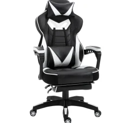 Vinsetto Fauteuil de bureau gamer style baquet racing - pivotant, inclinable - coussin lombaire, tétière, repose-pieds inclus - revêtement synthétique blanc noir