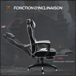 Vinsetto Fauteuil de bureau gamer style baquet racing - pivotant, inclinable - coussin lombaire, tétière, repose-pieds inclus - revêtement synthétique blanc noir