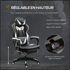 Vinsetto Fauteuil de bureau gamer style baquet racing - pivotant, inclinable - coussin lombaire, tétière, repose-pieds inclus - revêtement synthétique blanc noir