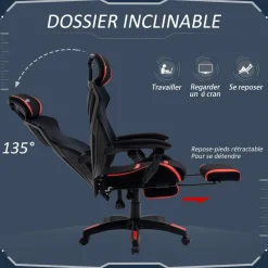 Vinsetto Fauteuil gaming chaise gamer réglable pivotant dossier inclinable repose-pied polyester rouge noir