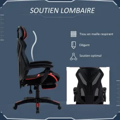 Vinsetto Fauteuil gaming chaise gamer réglable pivotant dossier inclinable repose-pied polyester rouge noir