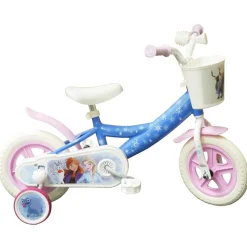 Vélo 10'' Fille Licence Reine des neiges pour enfant de 75/90 cm avec stabilisateurs à molettes - Panier avant - Sans frein et roues à bâtons