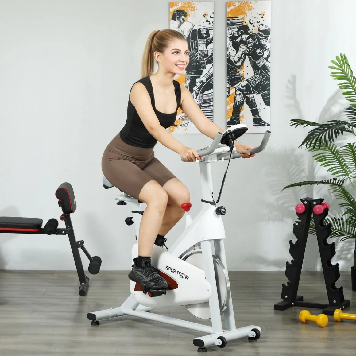 Vélo d'appartement - Vélo de biking spinning réglable - volant d'inertie 4 Kg - rouge gris blanc