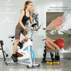 Vélo d'appartement - Vélo de biking spinning réglable - volant d'inertie 4 Kg - rouge gris blanc