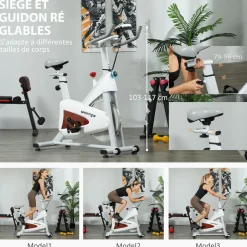 Vélo d'appartement - Vélo de biking spinning réglable - volant d'inertie 4 Kg - rouge gris blanc