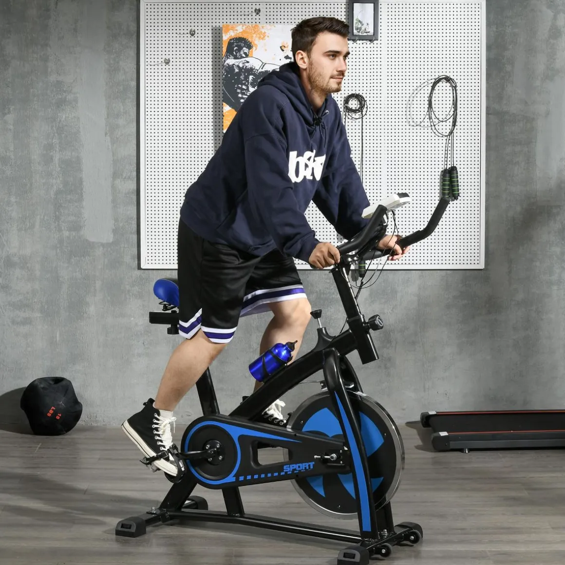 Vélo d'appartement cardio - vélo biking - écran LCD multifonction, selle, guidon réglable, volant inertie 8 Kg - acier bleu noir