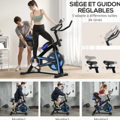 Vélo d'appartement cardio - vélo biking - écran LCD multifonction, selle, guidon réglable, volant inertie 8 Kg - acier bleu noir