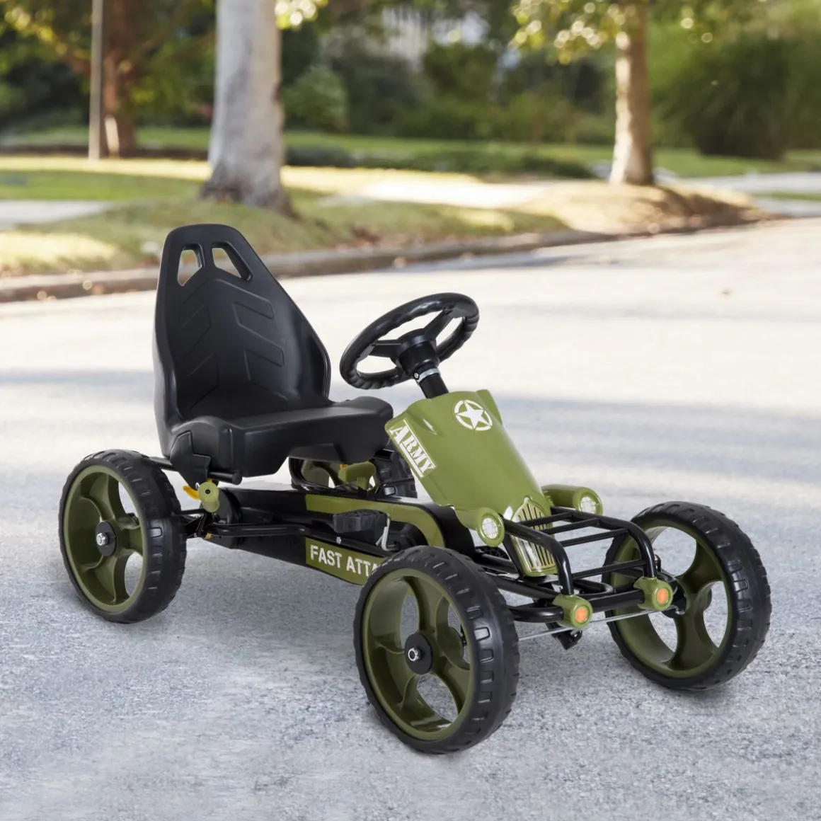 Vélo et véhicule pour enfants kart à pédales militaire siège réglable frein manuel roues AR EVA acier vert noir