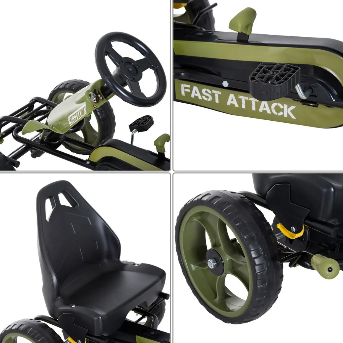 Vélo et véhicule pour enfants kart à pédales militaire siège réglable frein manuel roues AR EVA acier vert noir
